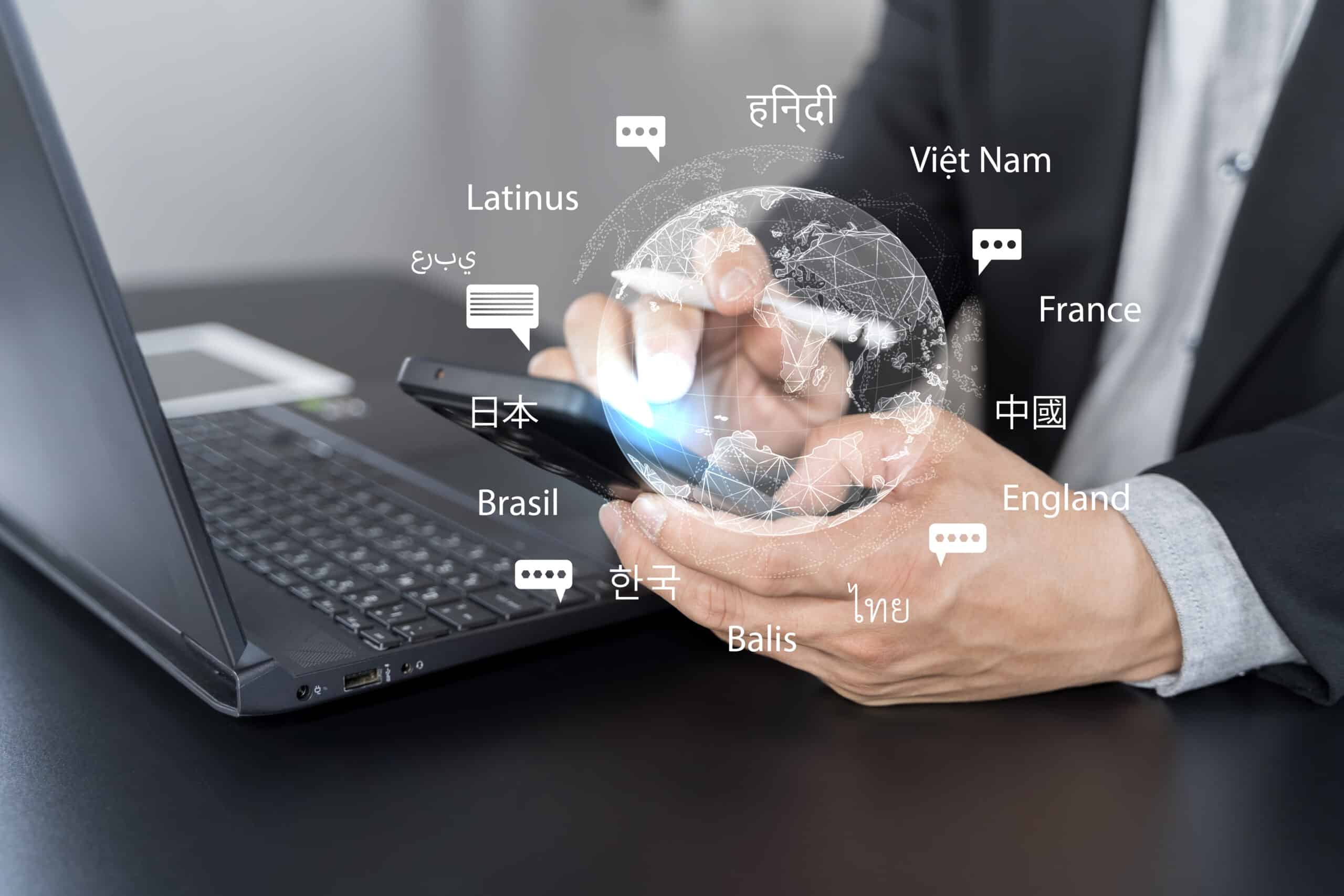 Translator app, language course and e-learning concept. Person use smartphone with Translator app