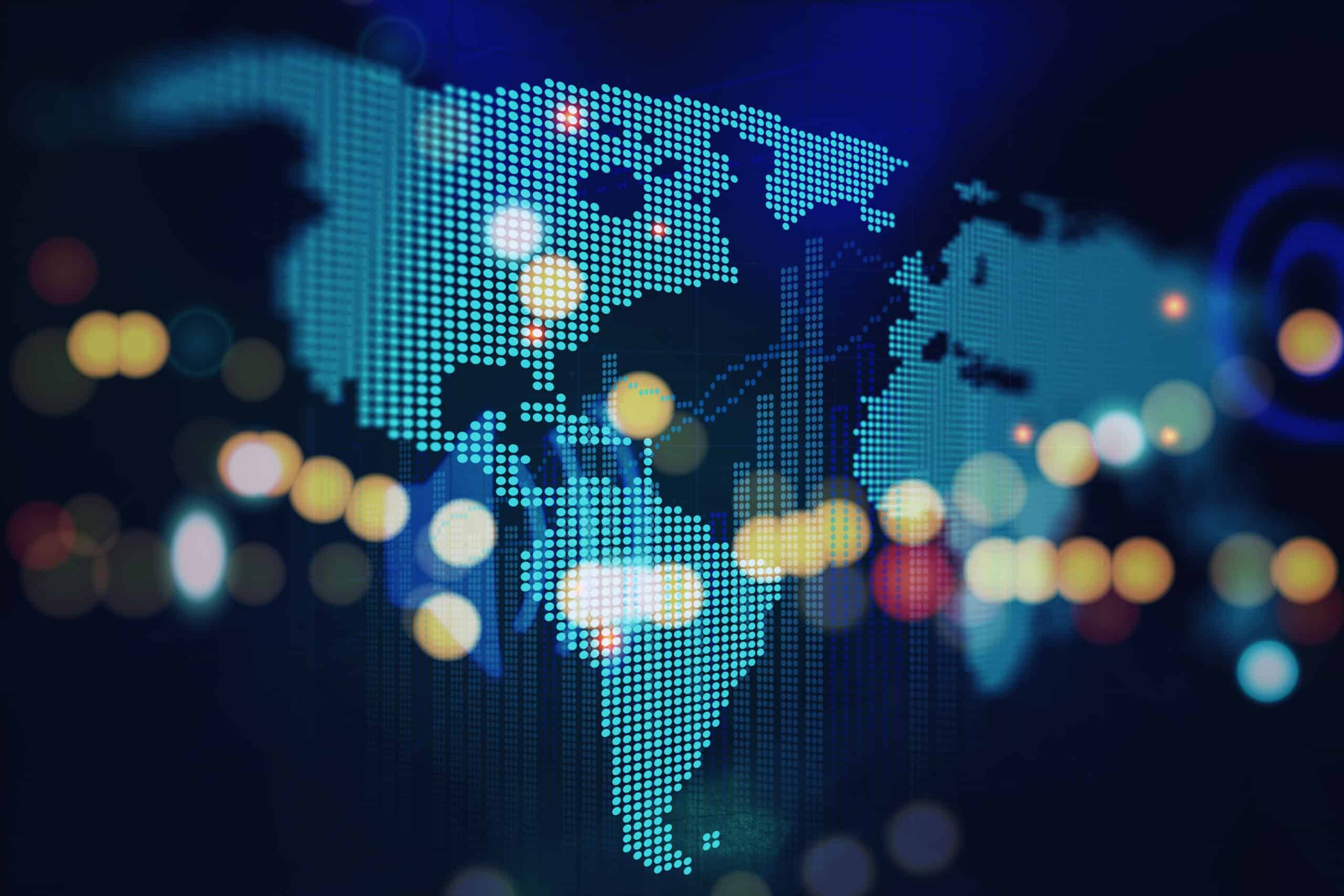 Business chart with glowing arrows and world map