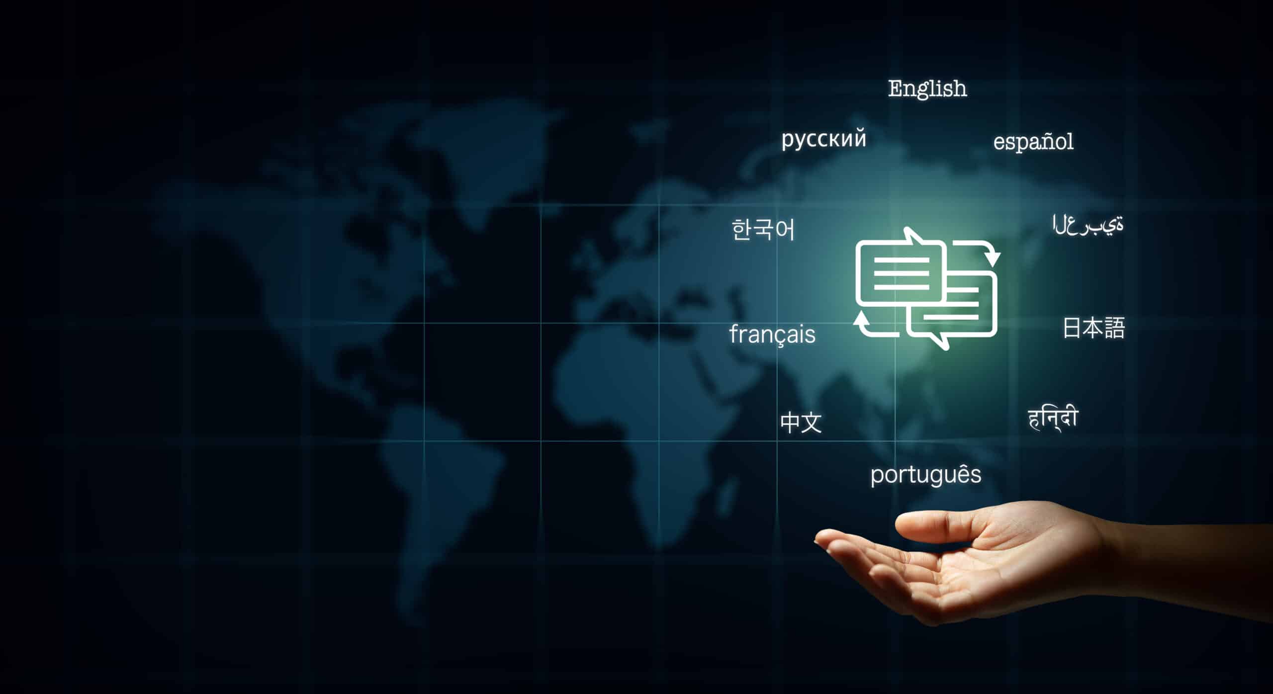 Hand with speech bubble and text in many important languages. Tr